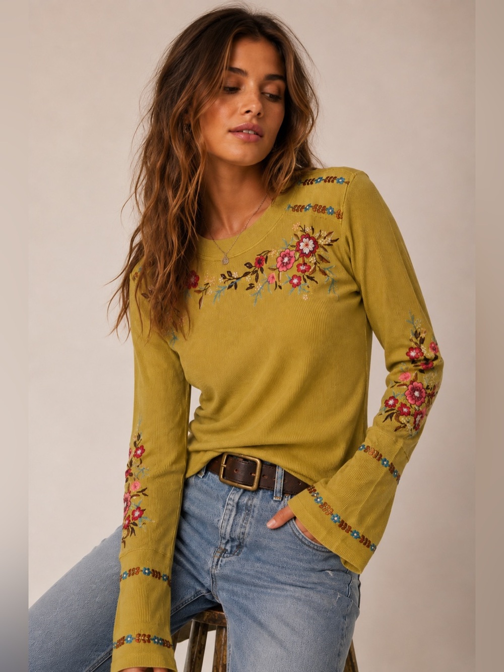 Sundance Embroidered Floral Thermal Top Mustard Petite XS